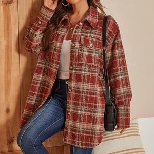 Simplee Women's Cropped Flannel Plaid Shacked Wool Blend Jacket Coat size large